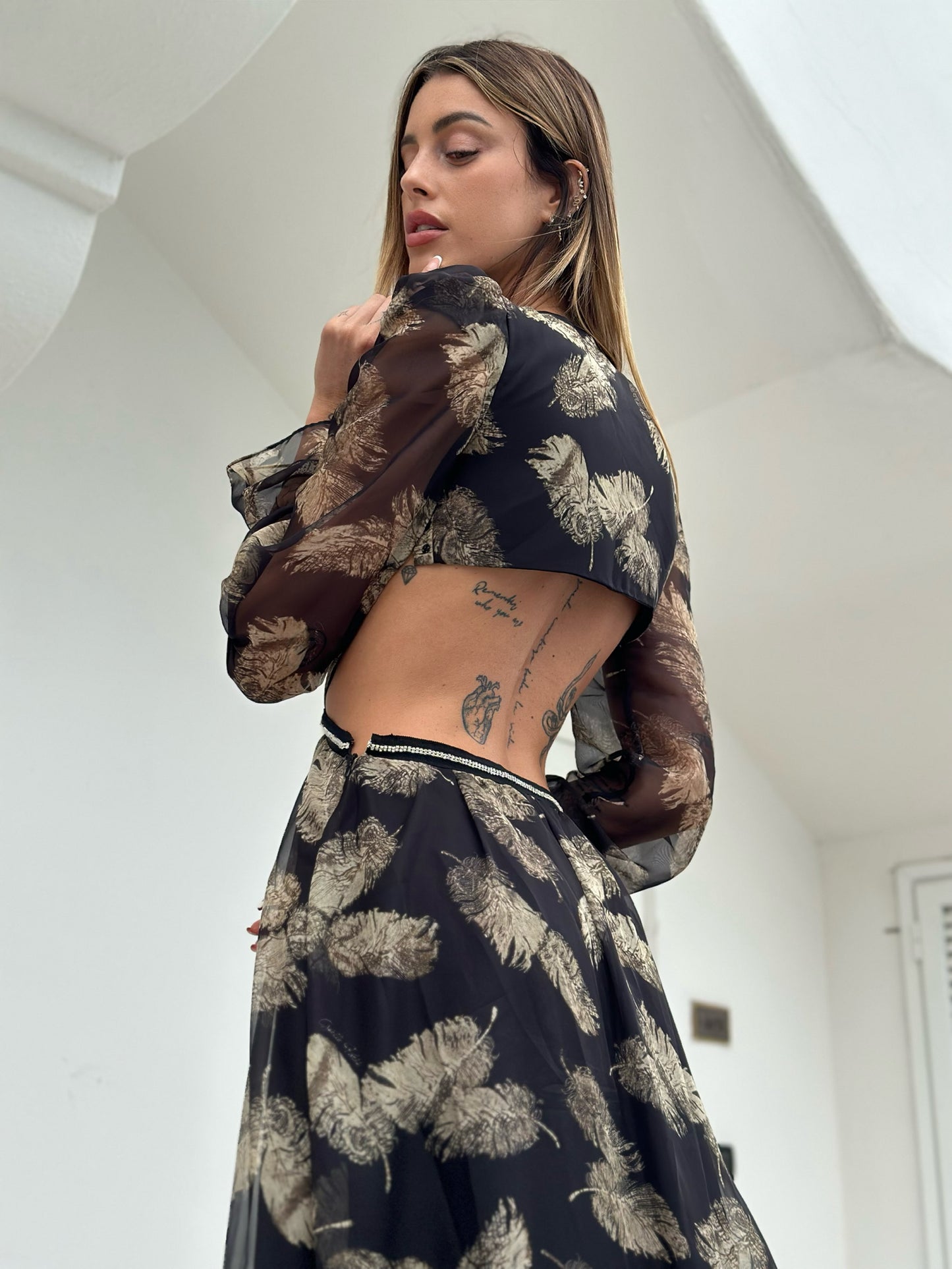 Gaëlle Paris- Abito lungo in chiffon stampato con tagli in vita