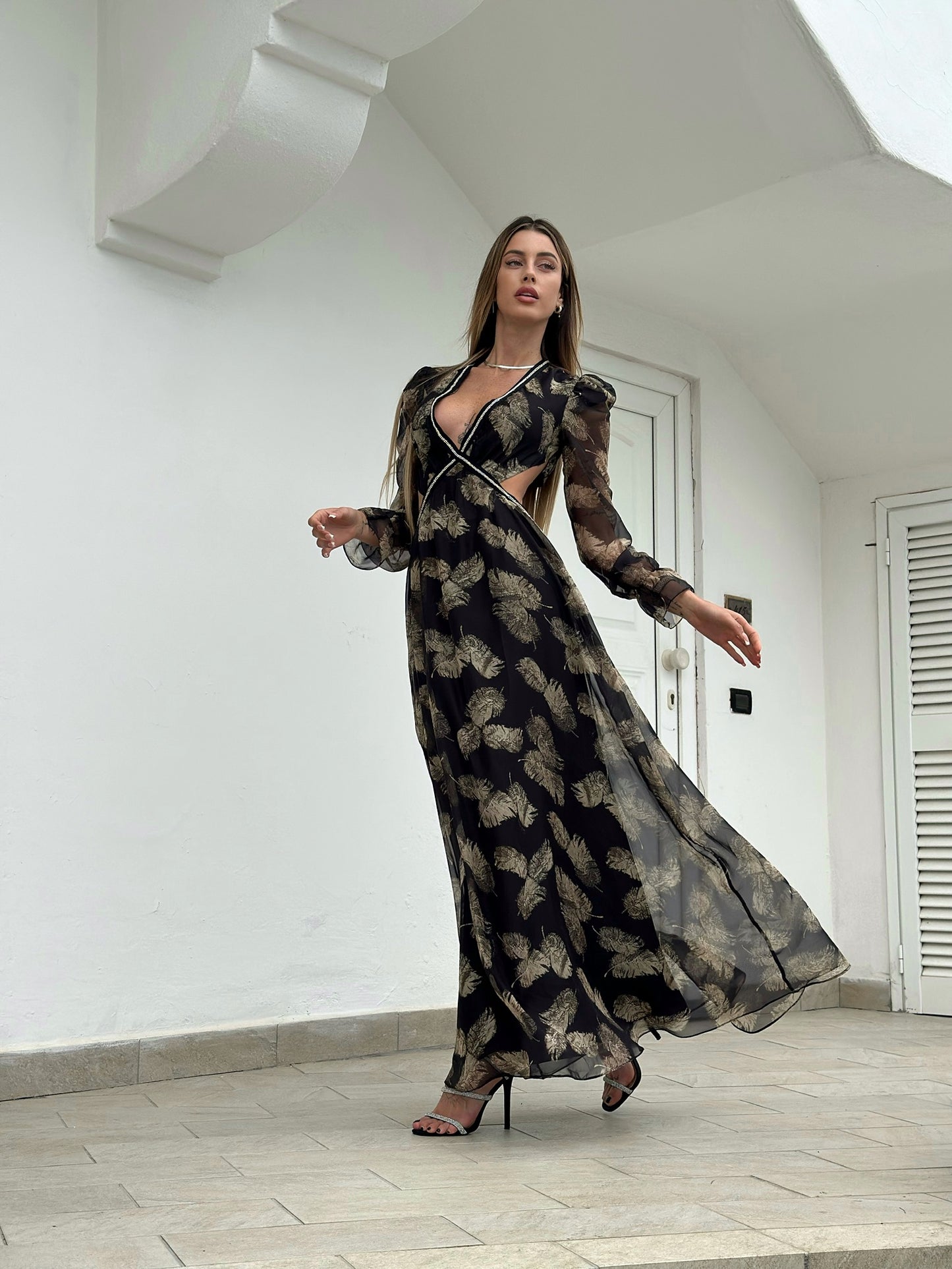 Gaëlle Paris- Abito lungo in chiffon stampato con tagli in vita