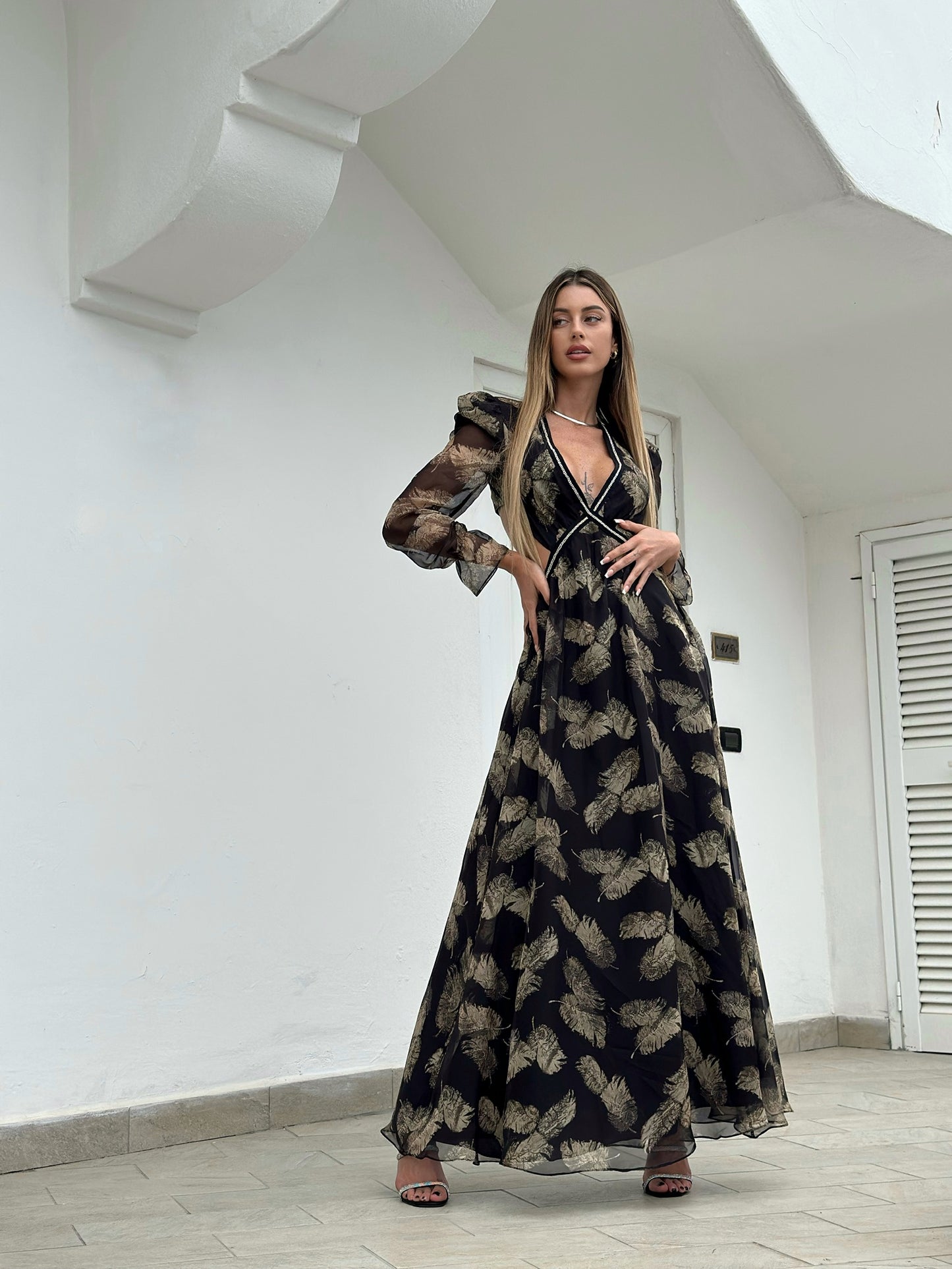 Gaëlle Paris- Abito lungo in chiffon stampato con tagli in vita