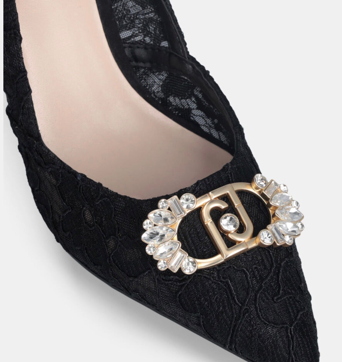 Décolleté in pizzo con logo gioiello Liujo