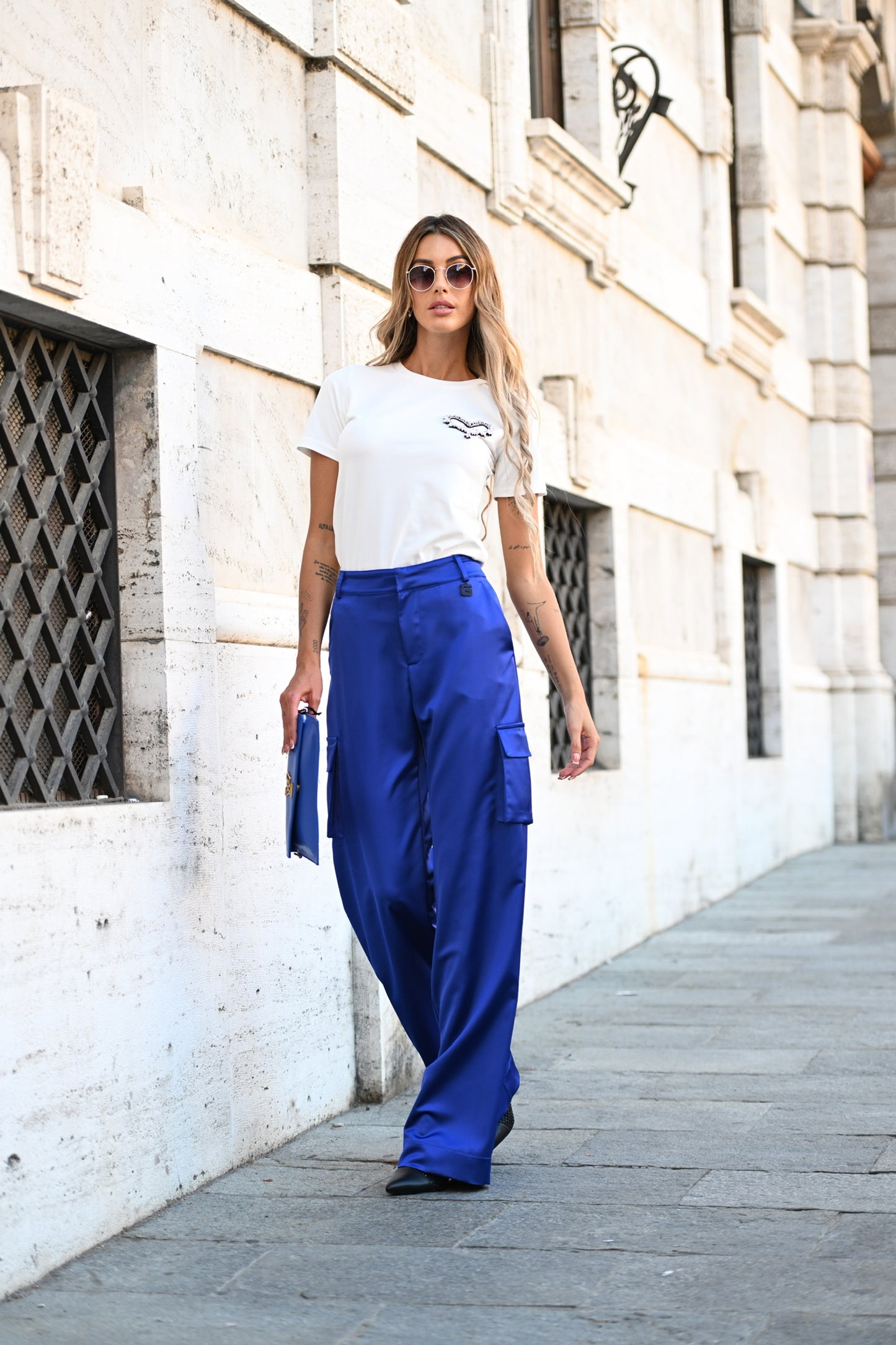 Gaëlle Paris - pantalone in enver satin dritto con tasche